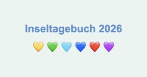 Inseltagebuch 2026 mit Herzen für Gelb, Grün, Türkis, Blau, Rot und Pflaume